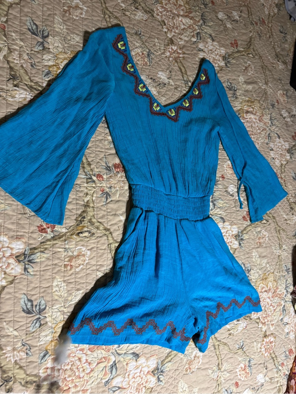 GB girls Turquoise Blue Embroidered V‑Neck Romper